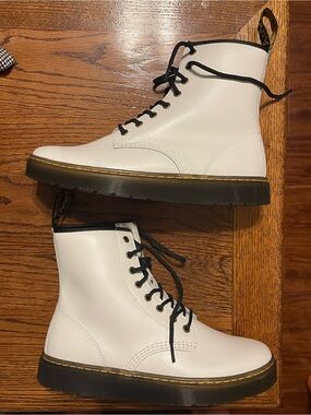Dr. Martens White Leather Boots with Black Trim and Yellow Pull Tab
